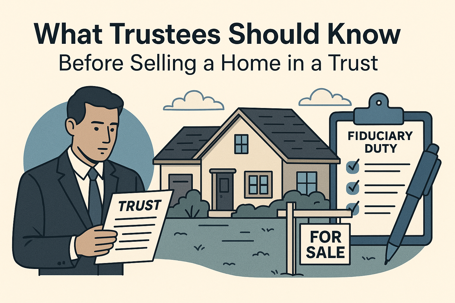 Illustration of a trustee holding a trust document in front of a home with a "For Sale" sign, and a clipboard showing fiduciary duty checklist.