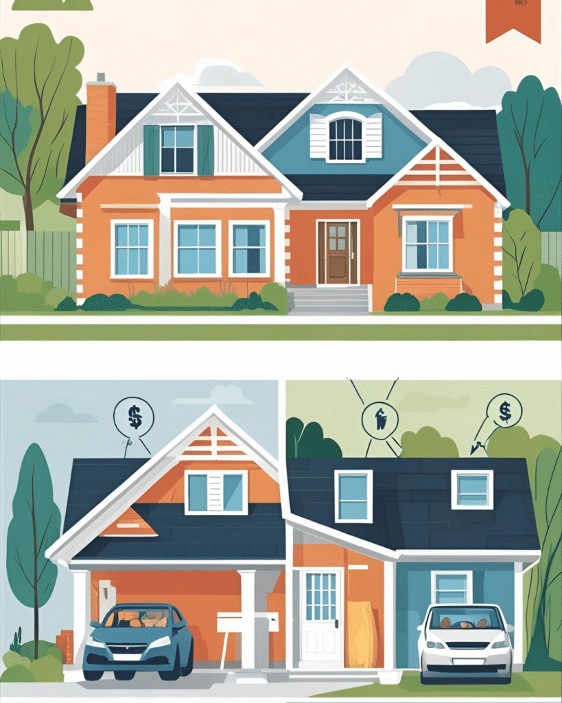 Illustration comparing two family homes, one in its original condition and one updated, representing the challenges of selling a house as-is versus renovated.
