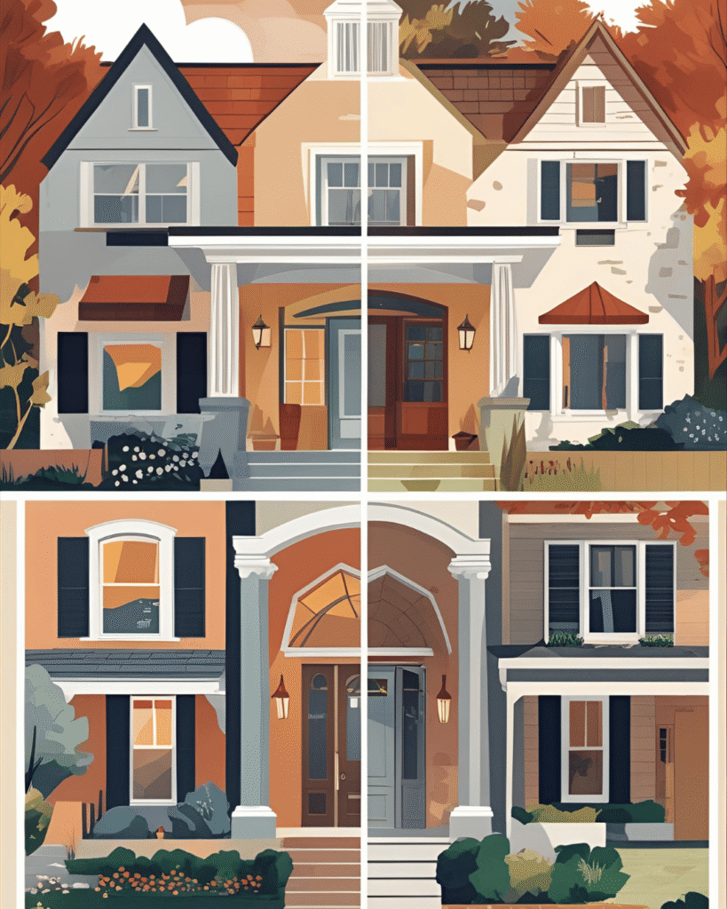 Illustration of a house split in two, showing one half in its original condition and the other half renovated, symbolizing the choice between selling as-is or after updates.