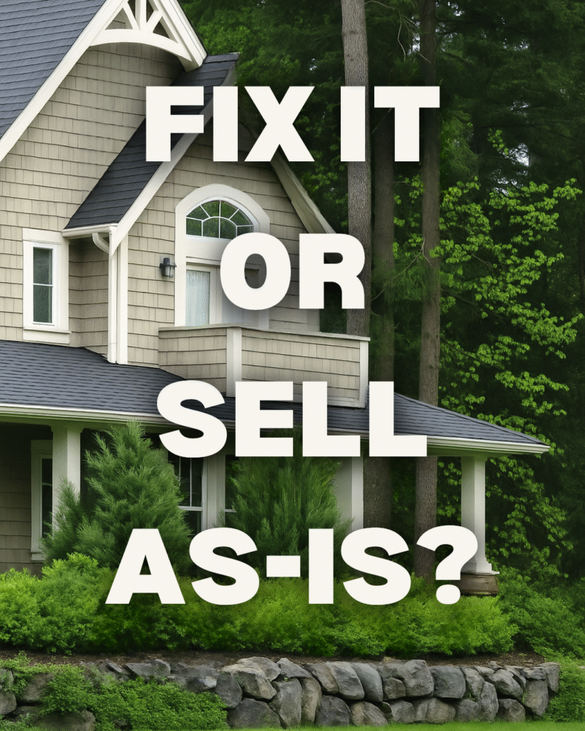 Side view of a family home surrounded by greenery with bold text overlay asking “Fix It or Sell As-Is?” highlighting the decision homeowners face when selling.