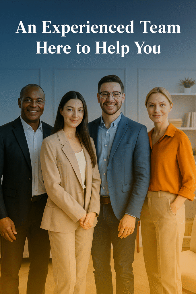Diverse professional real estate team standing in front of a suburban home, symbolizing collaborative probate and trust real estate services.