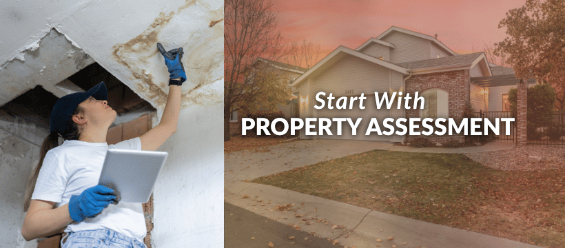 Home inspector checking property condition during fall, reviewing maintenance and safety issues.