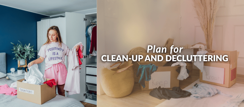 Woman sorting clothes into donation, keep, and trash boxes while preparing a home for sale.