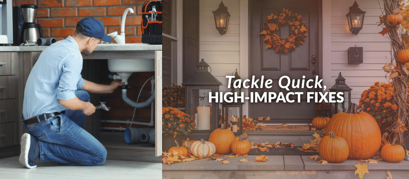 Man repairing plumbing in a kitchen alongside a fall-themed porch decorated with pumpkins.