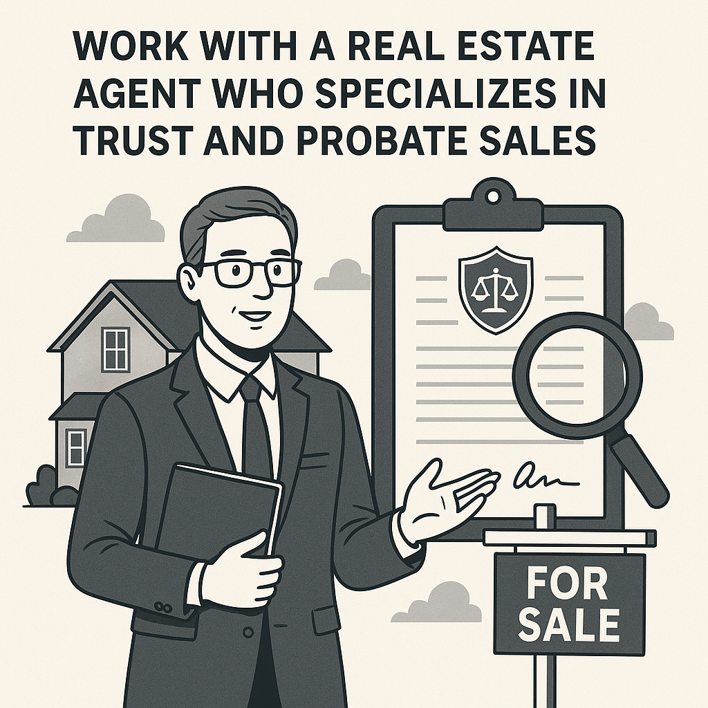 Professional real estate agent in front of a house with legal documents and a “For Sale” sign, representing trust and probate sales.
