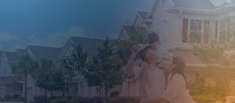 Happy family standing in front of suburban homes, symbolizing trust and estate real estate services.