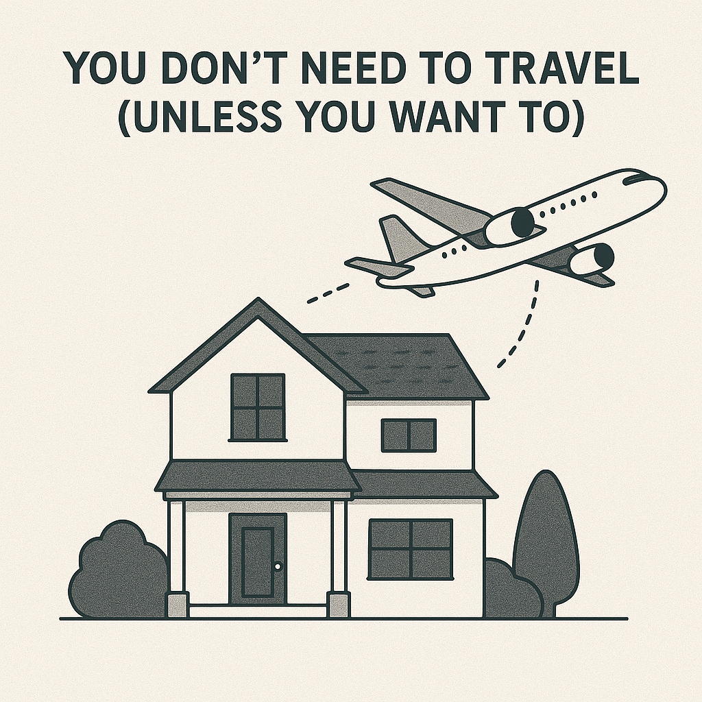 House with airplane flying overhead, representing remote property sales. Keywords: sell California home remotely, no travel property sale, out-of-state trustee help, remote probate real estate, trust property sale