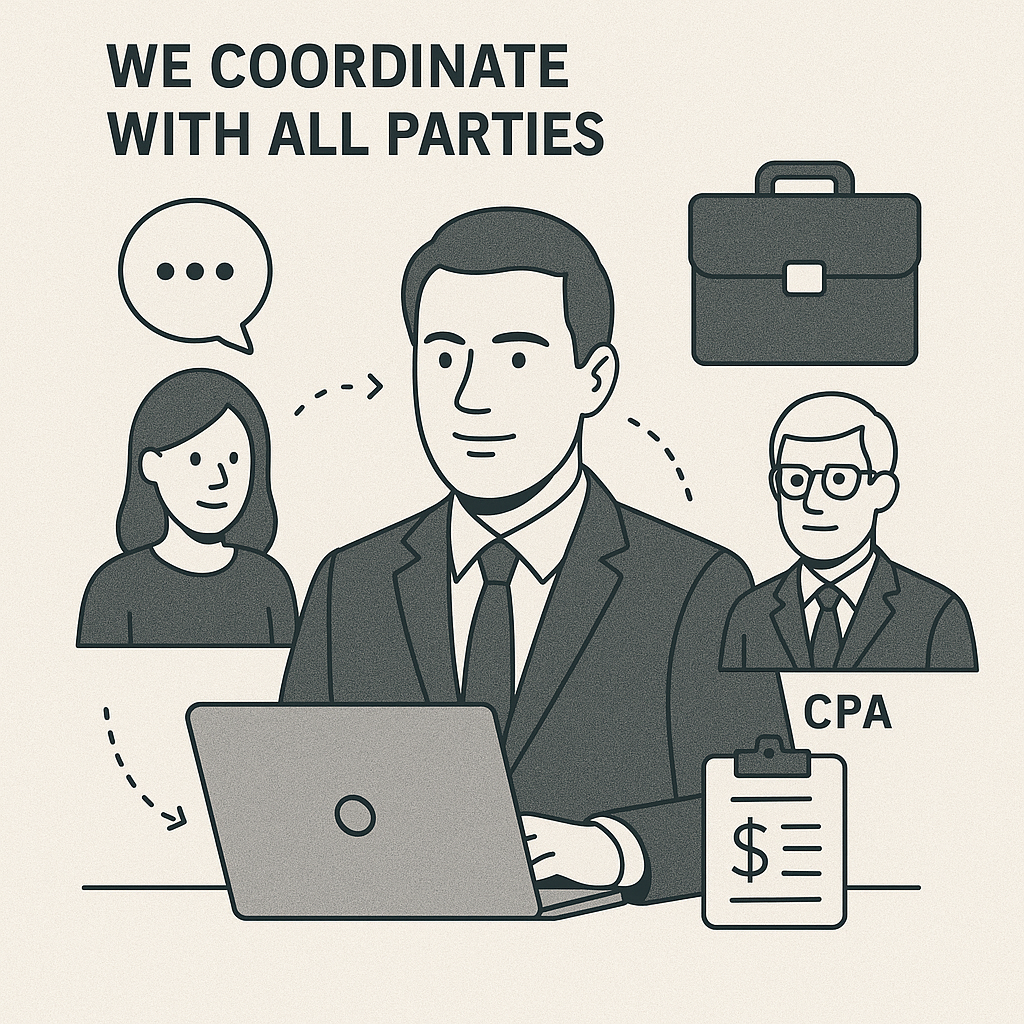 Business professional connected by dotted lines to a beneficiary, CPA, and legal icons. Keywords: coordinate with beneficiaries, probate attorney communication, CPA for trust sale, estate sale collaboration, trustee support services
