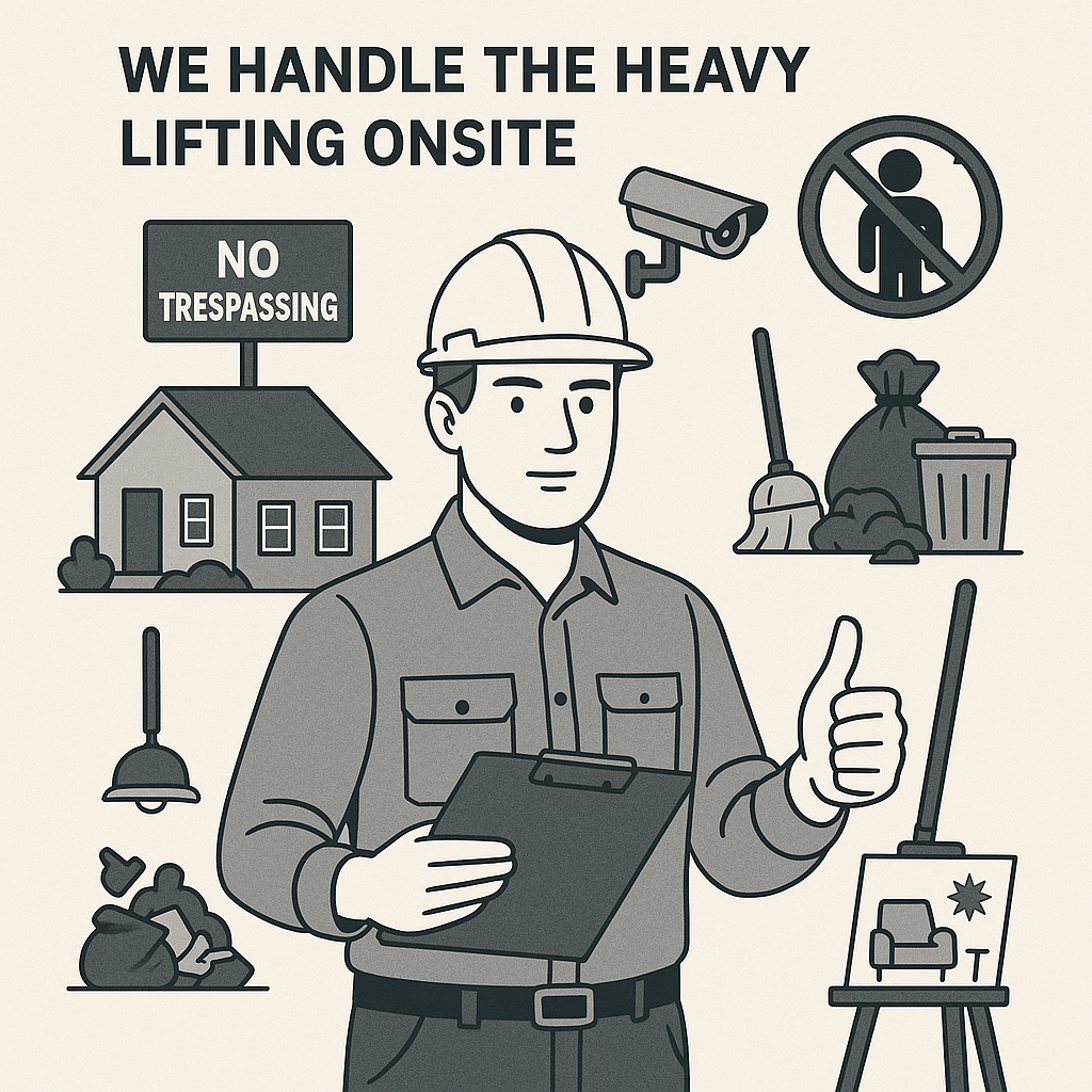 Contractor with clipboard surrounded by icons for property security, cleanouts, repairs, and staging.