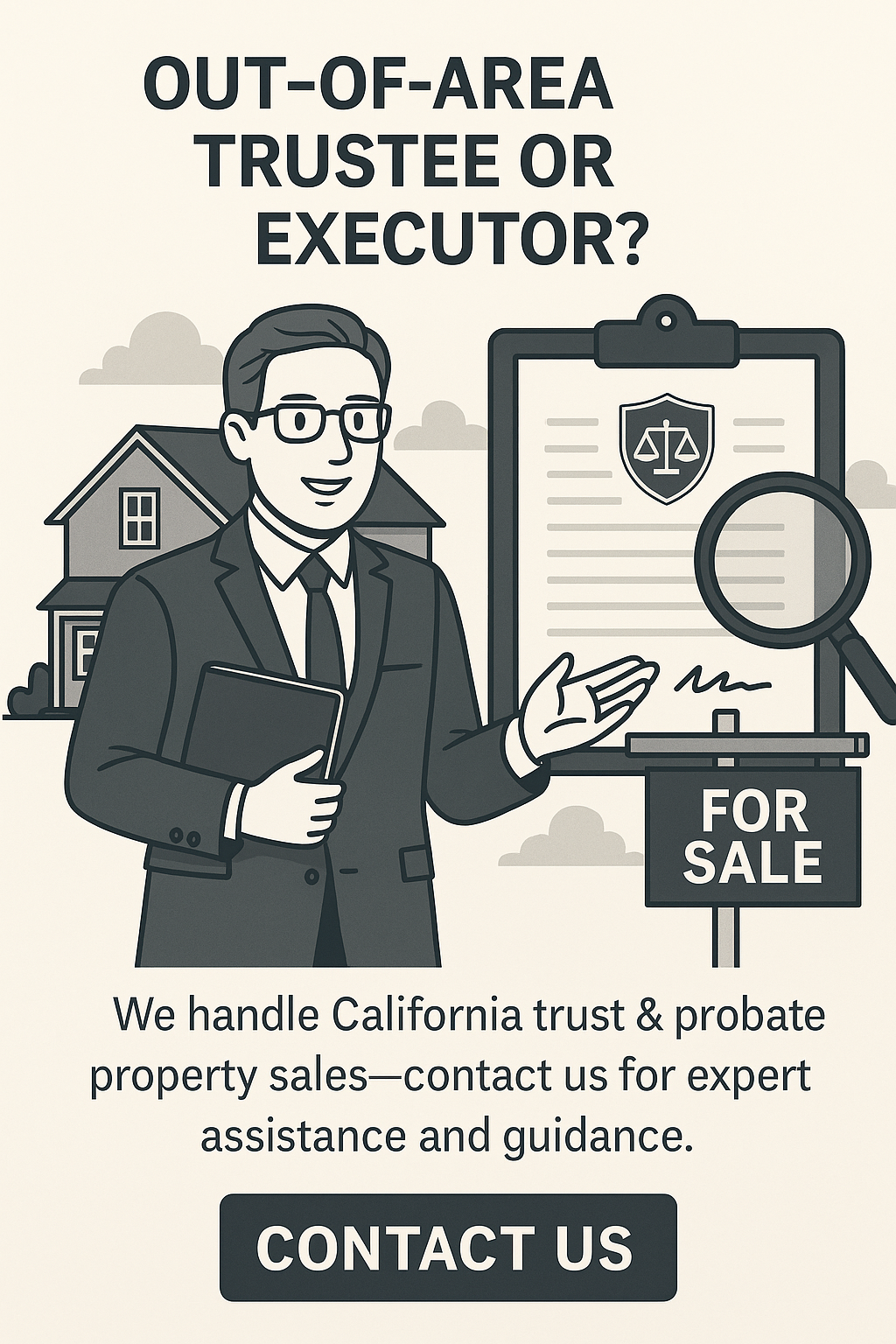 Monochrome illustration of a professional holding a clipboard in front of a house with a “For Sale” sign and legal document under a magnifying glass, accompanied by a call-to-action to contact for trust and probate property sales support.