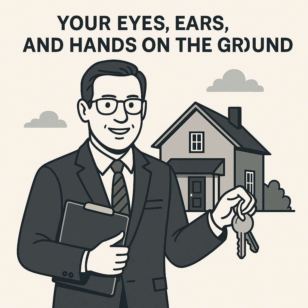 Monochrome illustration of a smiling real estate professional in a suit, holding keys and a clipboard in front of a suburban house, symbolizing local support for out-of-area trustees selling California trust or probate properties.