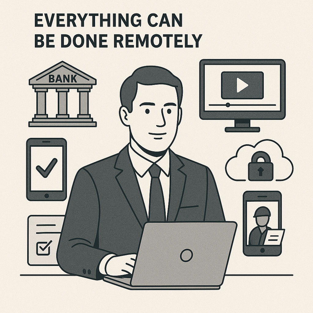 Business professional at a laptop surrounded by icons for online banking, e-signatures, virtual tours, document sharing, and mobile notary services.