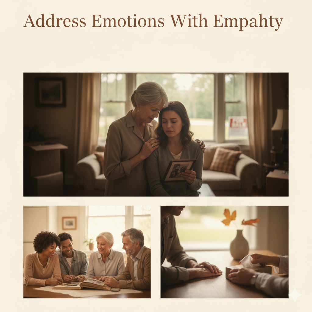 An elderly woman comforting a younger woman holding a photo, symbolizing empathy during emotional trust property decisions.