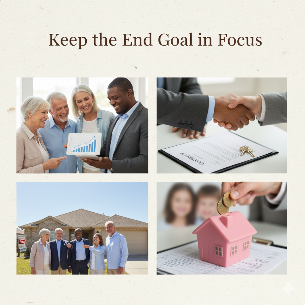 A diverse group reviewing financial charts and celebrating a home sale, symbolizing alignment and goal achievement in real estate.