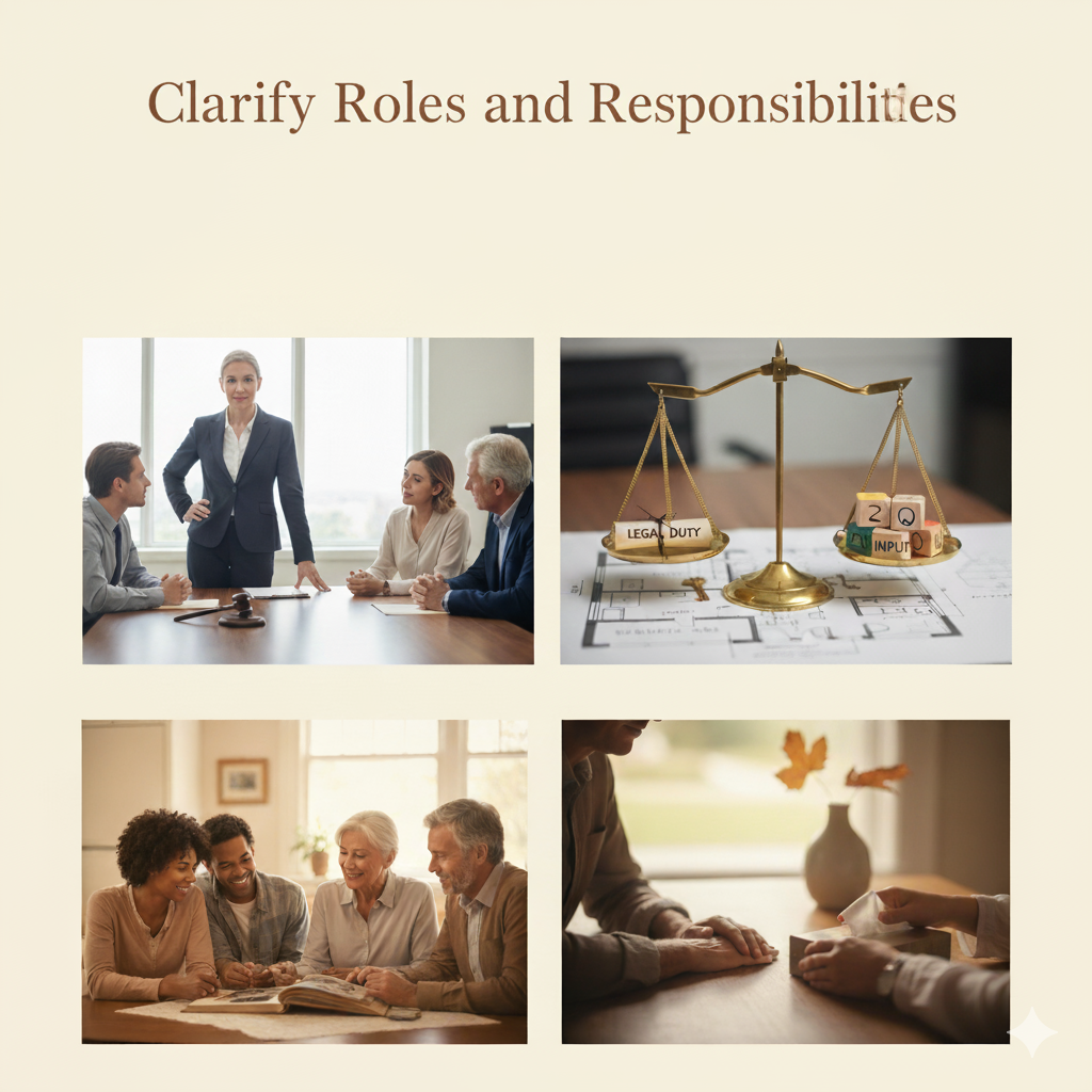 A professional meeting between a trustee and advisors with a balanced scale symbolizing fairness and legal duty.