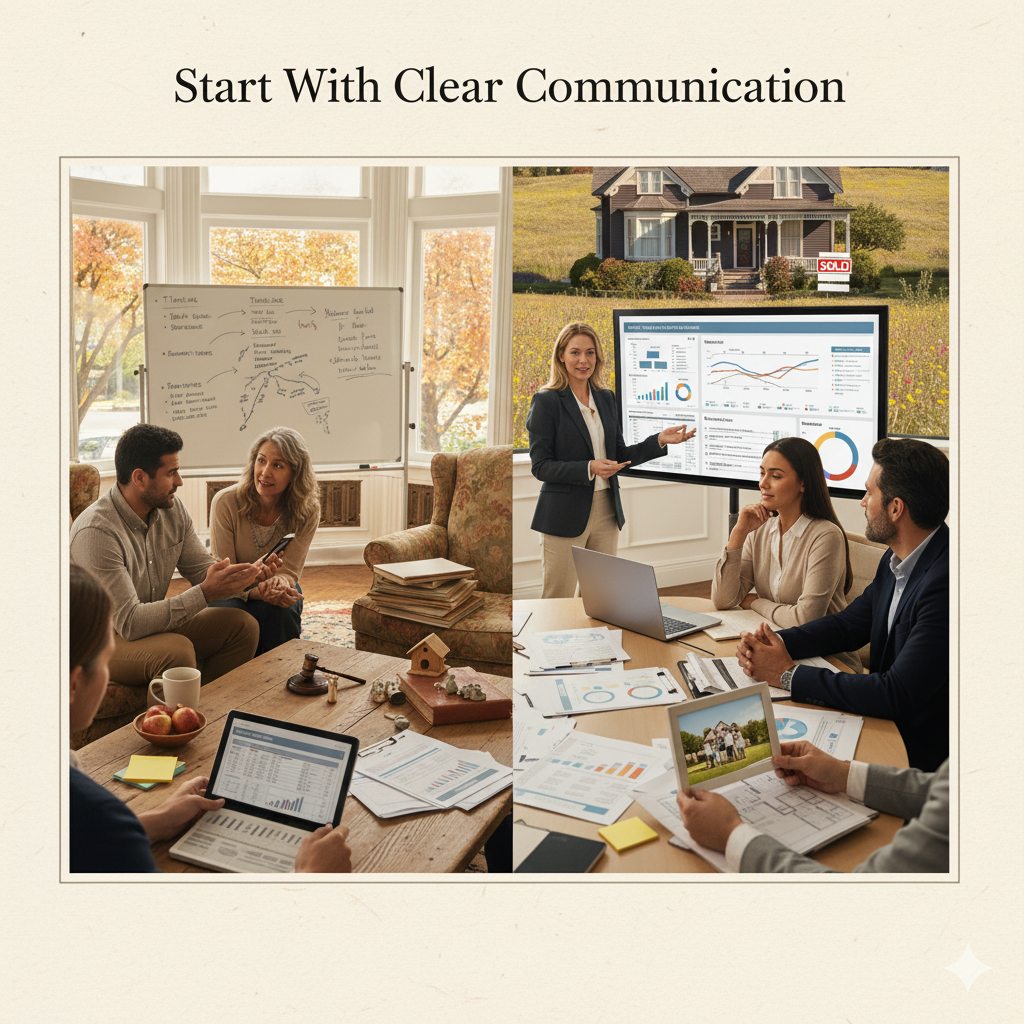 Real estate professionals and trustees discussing reports and market data to align on a trust property sale strategy.