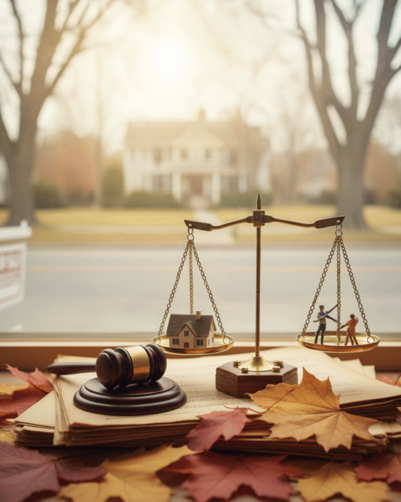 A scale balancing a miniature house and family figures beside a judge’s gavel, surrounded by autumn leaves, symbolizing fairness and decision-making in trust property sales and estate law.