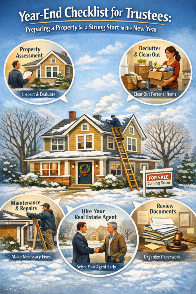 Infographic showing a year-end checklist for trustees preparing a home for sale including assessment, decluttering, repairs, paperwork, and hiring an agent