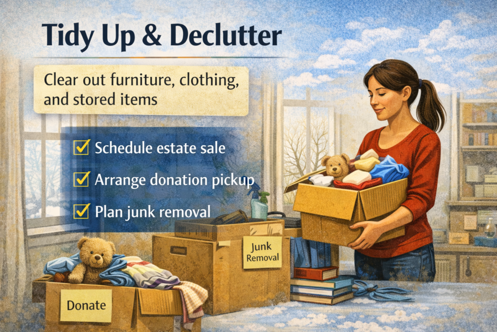 Person organizing and packing belongings into boxes for donation and removal while preparing a home for sale