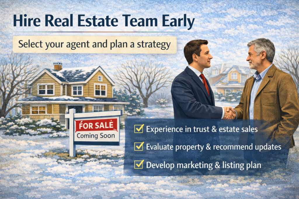 Trustee shaking hands with a real estate agent in front of a home with a for sale sign