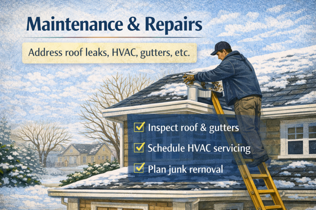 Worker on a ladder cleaning gutters and inspecting a roof in winter as part of home maintenance before selling