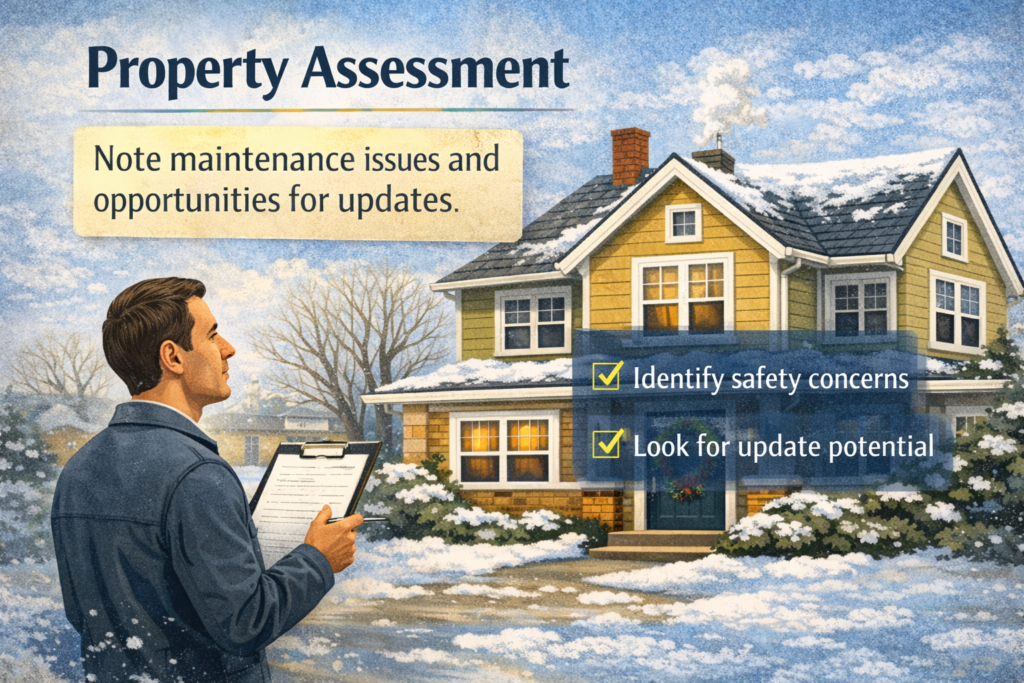 Trustee inspecting a home exterior with a checklist during winter as part of property assessment before selling
