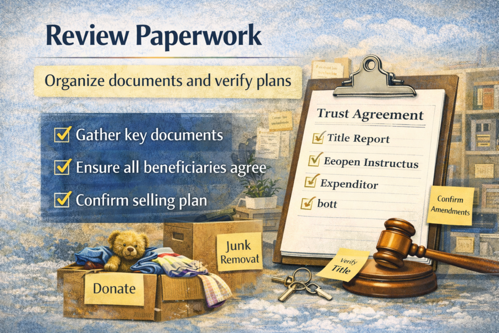 Trustee reviewing legal documents and paperwork at a desk while preparing a property for sale
